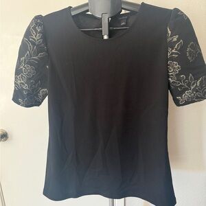 Ann Taylor Black Top with Silver Floral Embroidered Puff Sleeves
